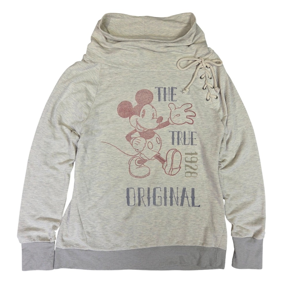 Disney Parks Mickey Mouse The True Original Cowl Neck Lace Up Sweatshirt Gray L